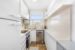 Fridge, microwave, oven, dishwasher