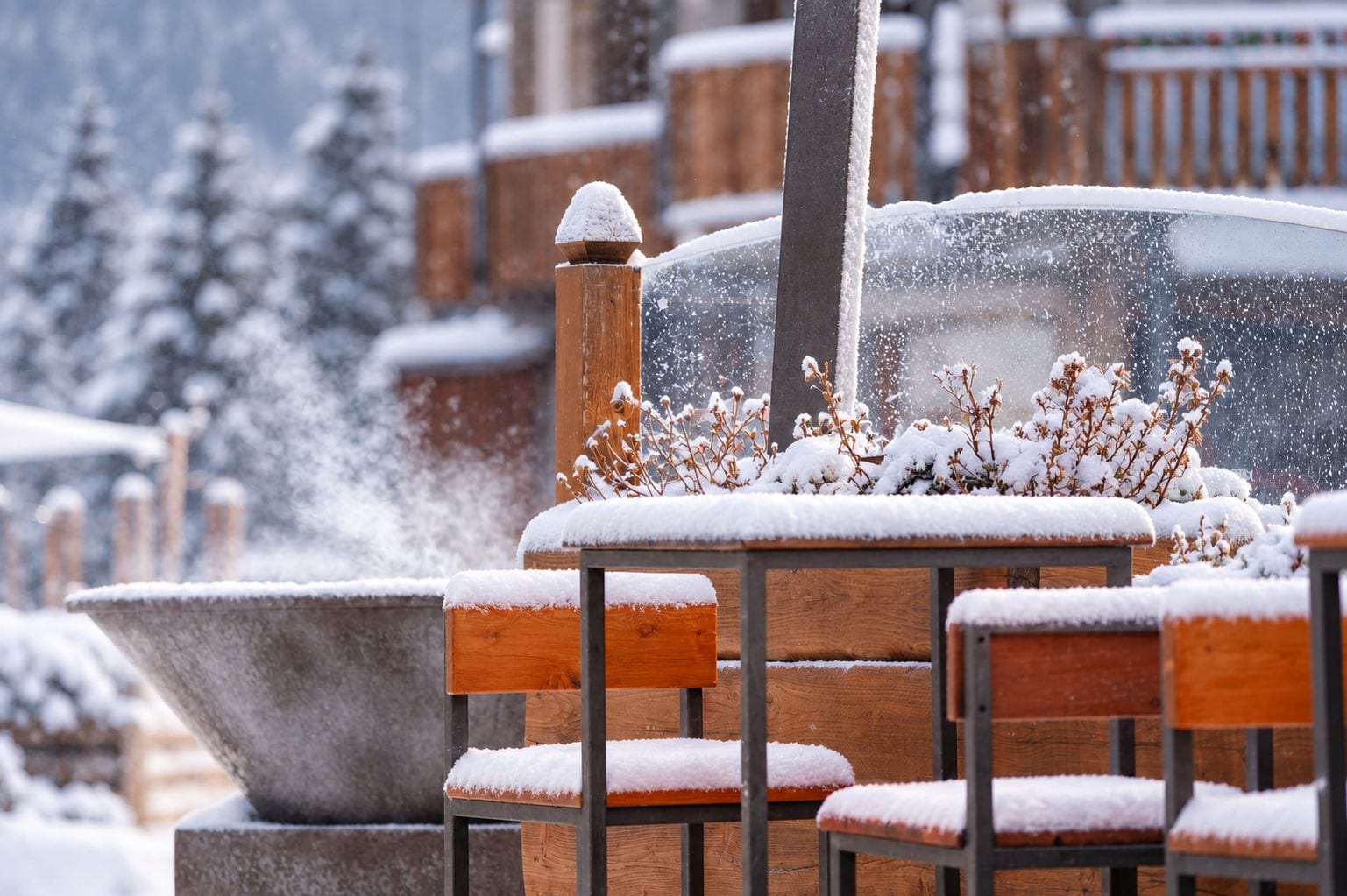 Outdoor wooden benches covered in snow, a concrete planter, and snow-covered plants in a snowy landscape.