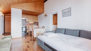 A cozy room with a bed, a sofa, a dining table with chairs, and a kitchen area.