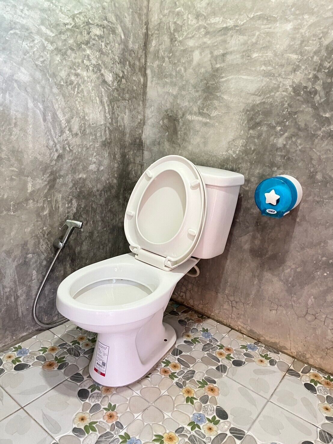 A toilet with a bidet attachment, a showerhead, and a wall-mounted bidet control.