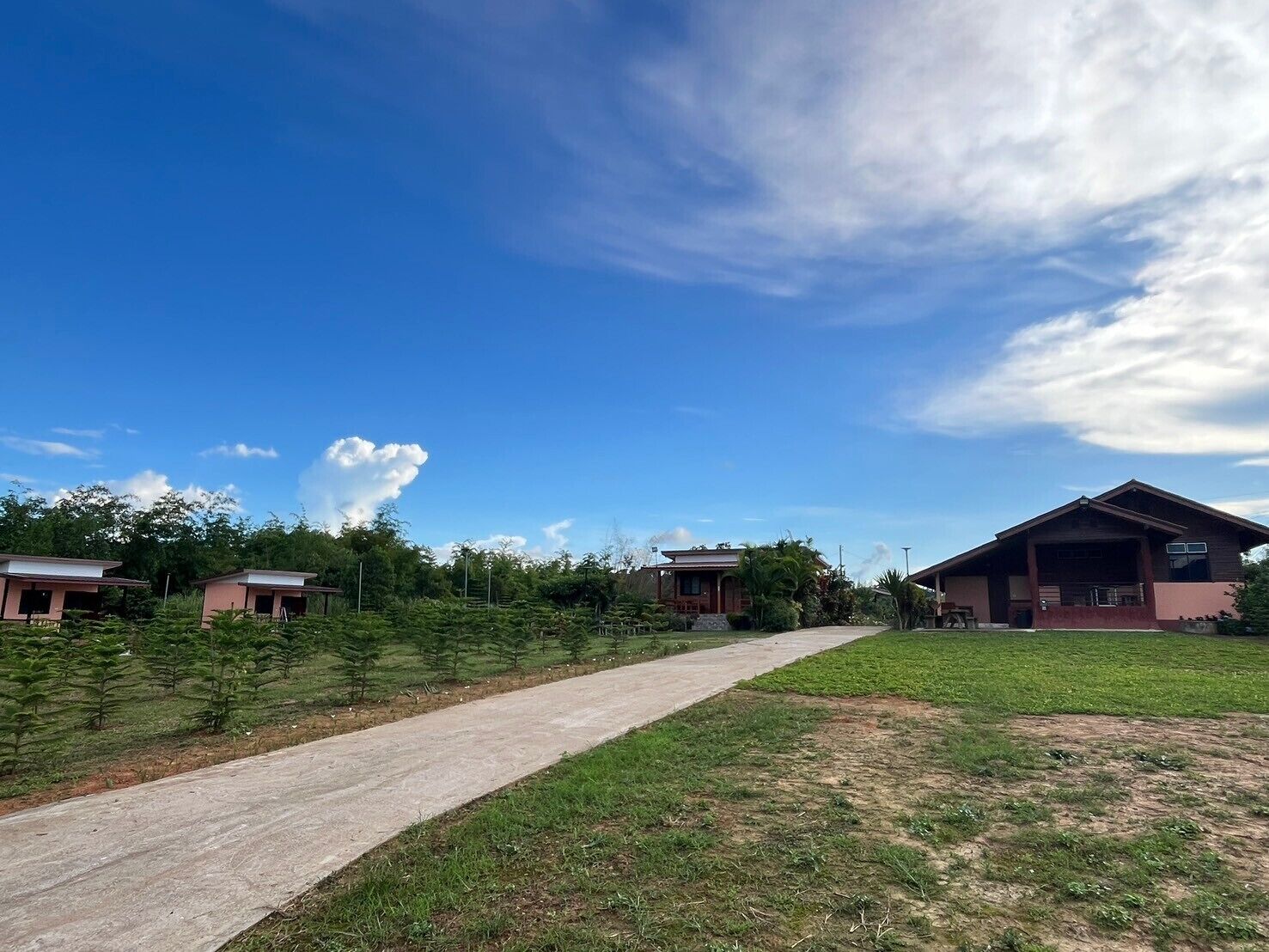 Un chemin menant à un bâtiment doté d’un grand garage, entouré de verdure et sous un ciel dégagé.