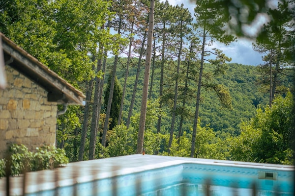 Outside: Heated swimming pool - Table for 6 - Garden lounge with deckchairs, parasols... - Plancha gas - Bike box - Green areas - Boules pitch.