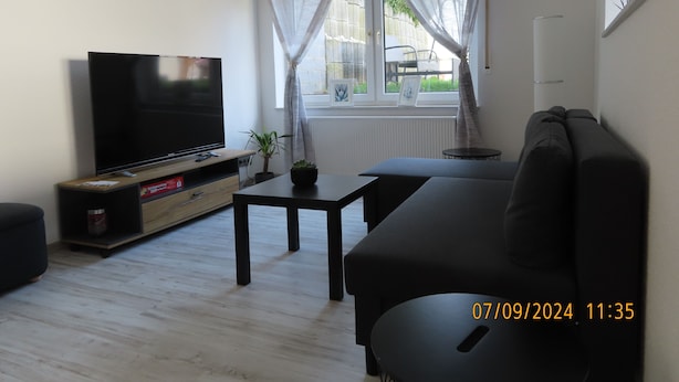 Een moderne woonkamer met een flatscreen televisie, een donkere bank, een kleine tafel en een potplant.