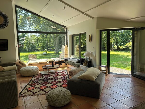 Télévision, cheminée, livres, chaîne hi-fi