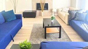 Ein modernes Wohnzimmer mit Kamin, Sofas und Fernseher.