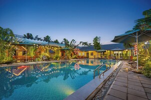 Outdoor pool, pool umbrellas, pool loungers