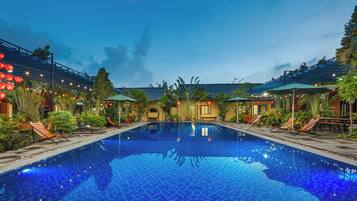 Outdoor pool, pool umbrellas, pool loungers