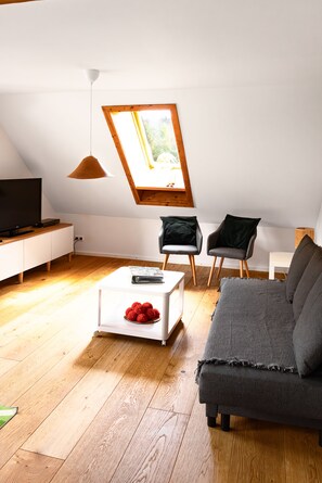 Fernseher, DVD-Player, Tischfußball, Bücher