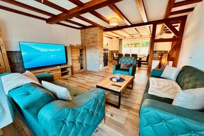 Smart TV, fireplace, ping pong, books