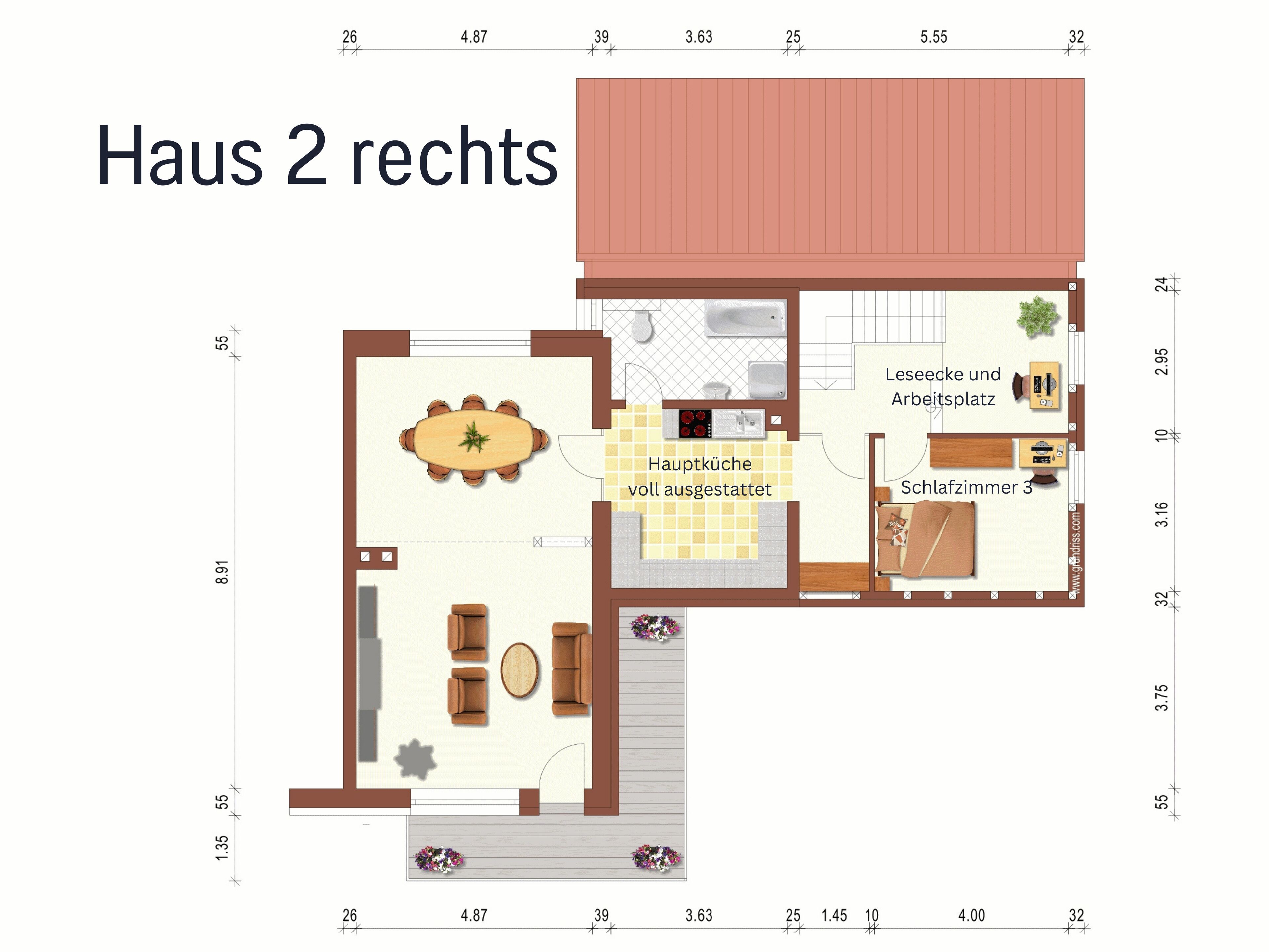 Plano de una casa de dos habitaciones, con comedor, cocina y un dormitorio.