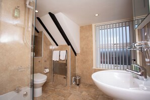 A modern bathroom with a glass shower enclosure, a white sink, and a toilet.