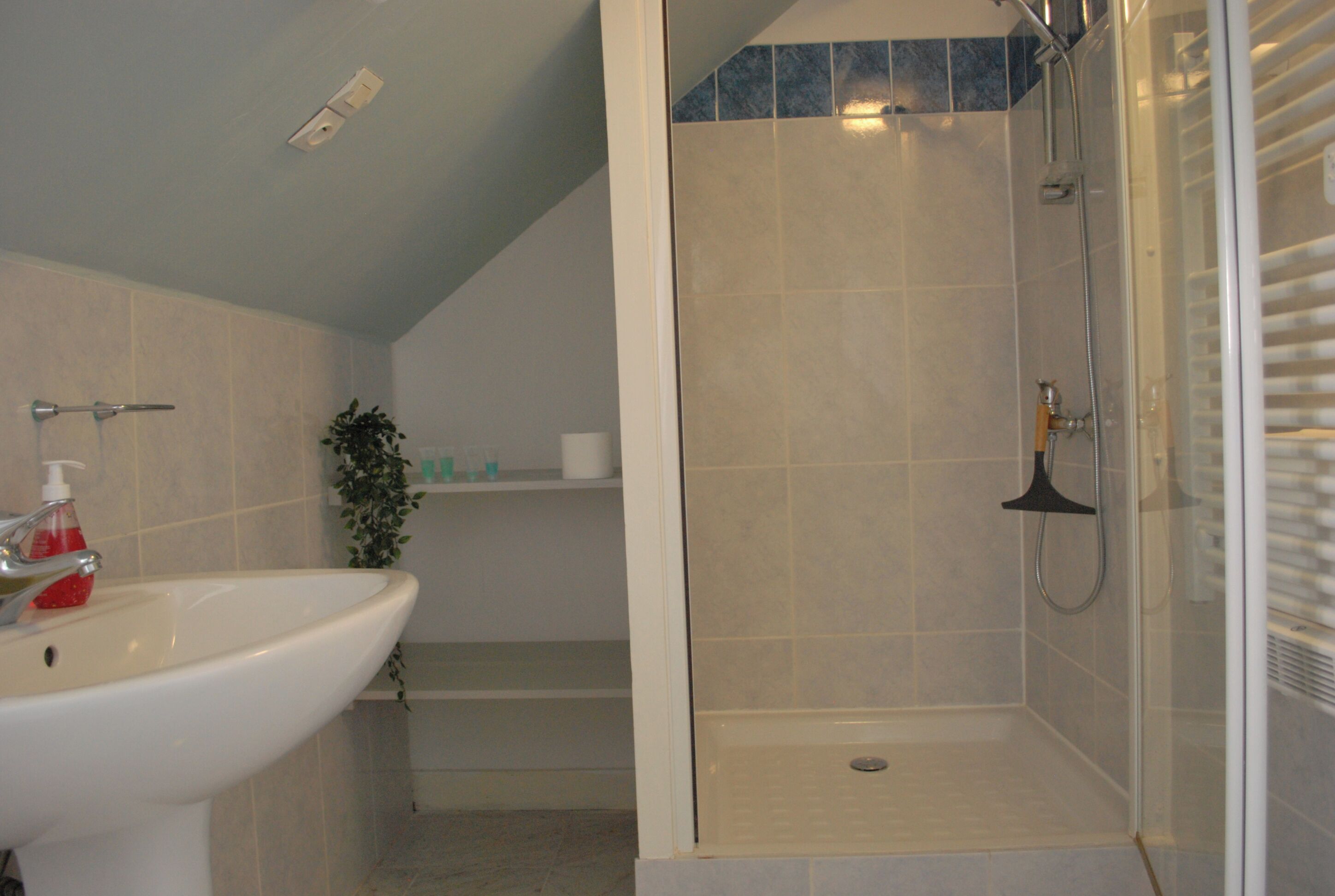 Un baño con lavamanos, ducha e inodoro.