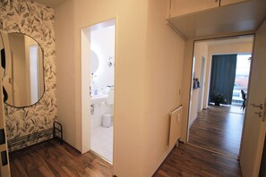 Hair dryer, towels, soap, toilet paper