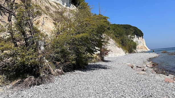 Une plage rocheuse bordée de falaises blanches et d’une végétation luxuriante.