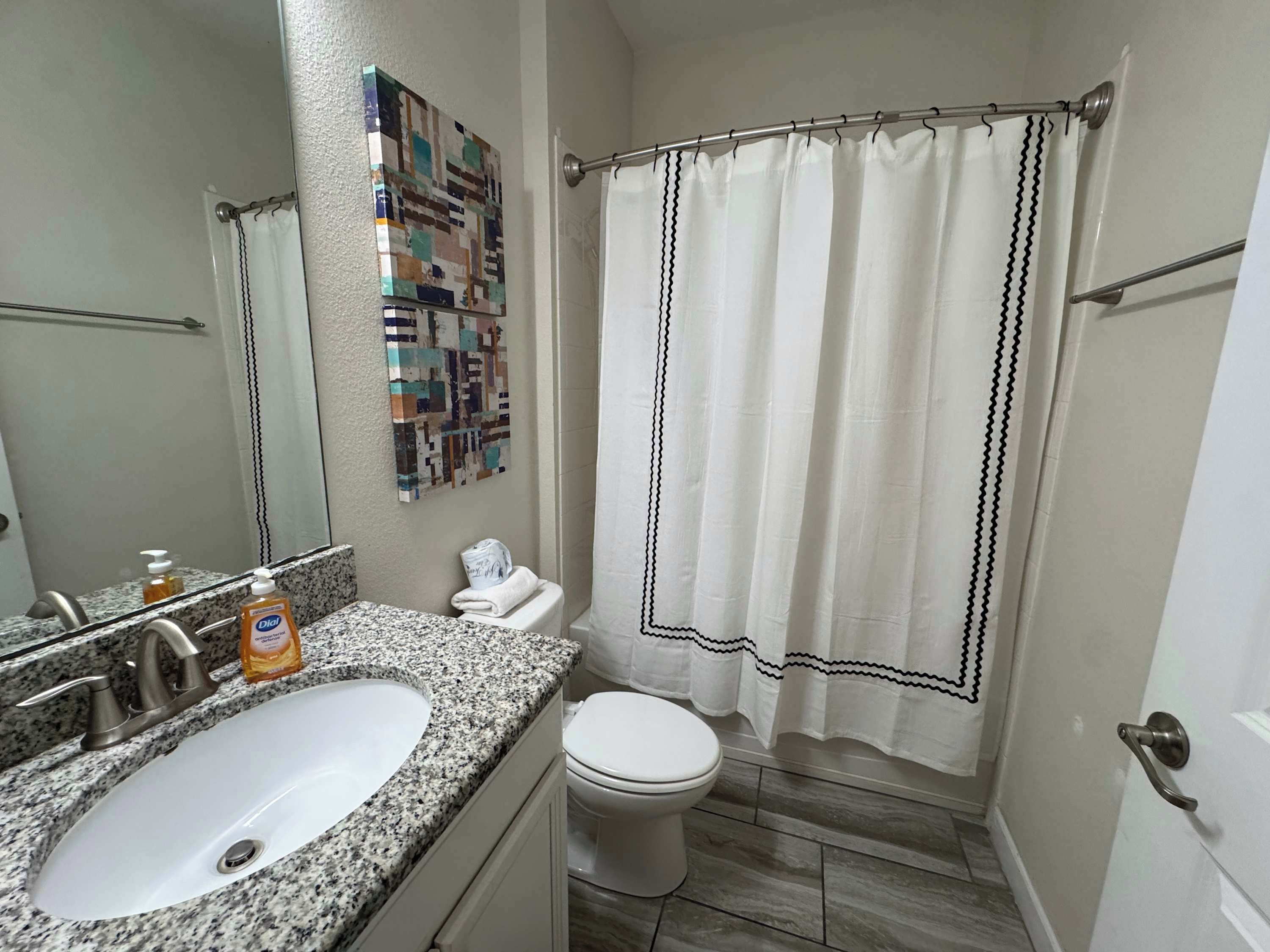 A bathroom with a granite countertop sink, a toilet, a shower curtain, and a wall-mounted mirror.