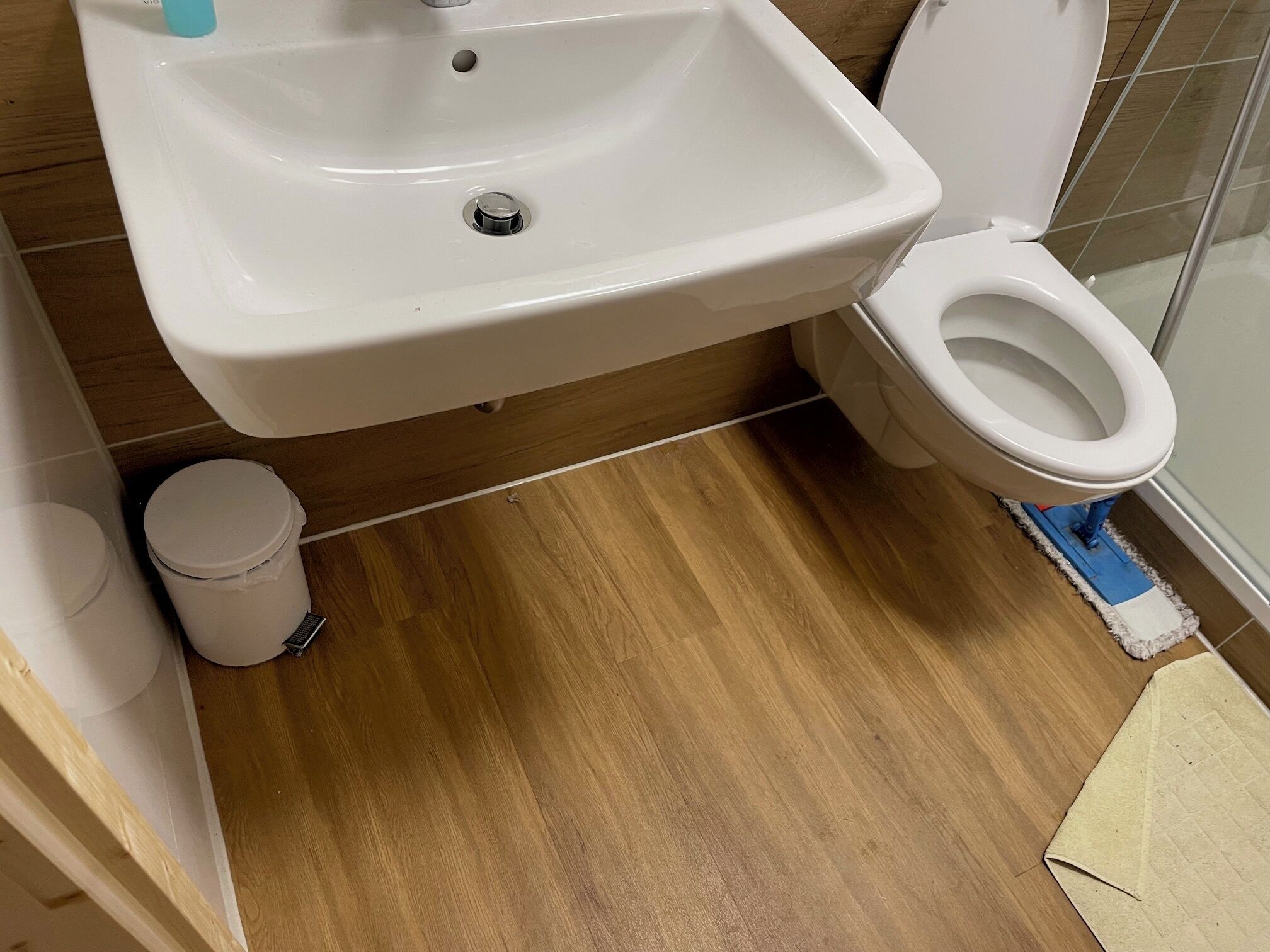 A bathroom with a sink, toilet, and a trash bin.