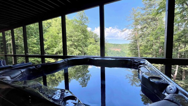 Un jacuzzi con vistas despejadas a un paisaje boscoso a través de amplias ventanas.