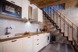 Fridge, microwave, cookware/dishes/utensils - Rodos Old Town Authentic Stone House (Rhodes)