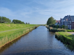 A canal with houses on one side and a grassy area on the other. - Paloma Chalet with Sauna - Relaxing Nature Escape by Lauwersmeer Park (Anjum)