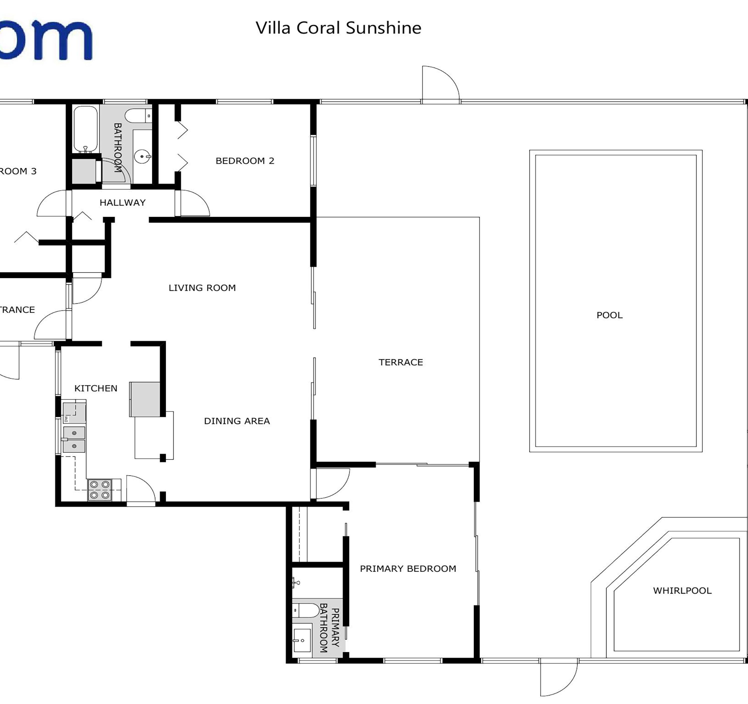 Plantegning af Villa Coral Sunshine med en opholdsstue, spiseområde, køkken, to soveværelser, et badeværelse, en terrasse, en pool og et boblebad.