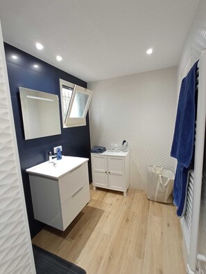 Shower, hair dryer, towels, soap