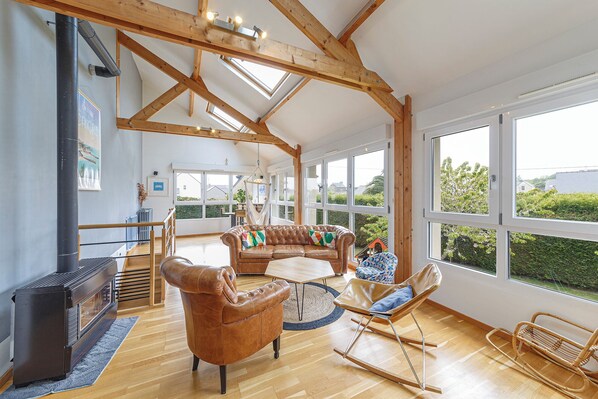 Télévision, cheminée, baby-foot, livres