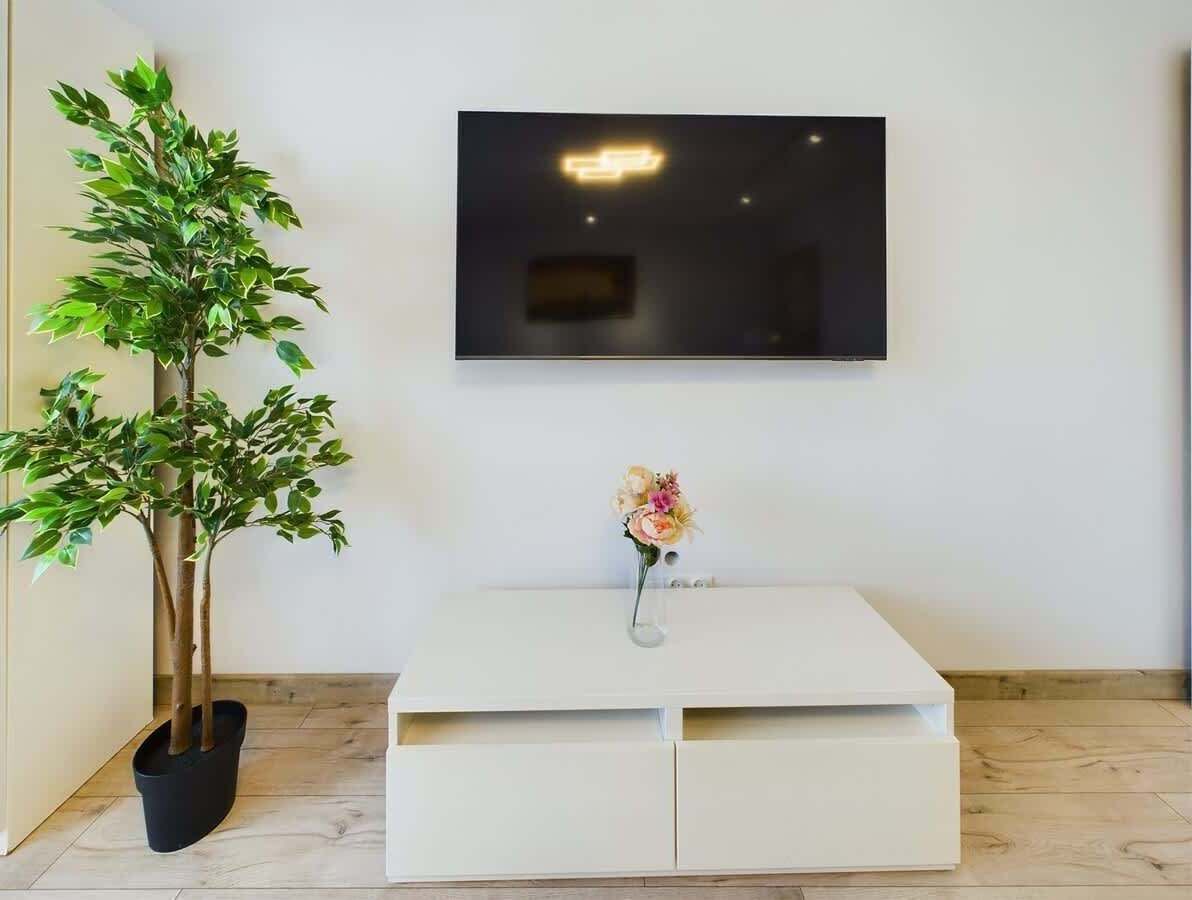 Une pièce moderne avec une console blanche, une plante en pot et un téléviseur à écran plat fixé au mur.