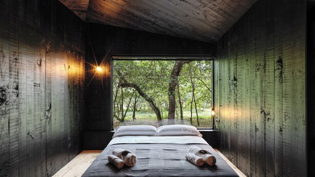 Una habitación con cama, ventana y paredes de madera.