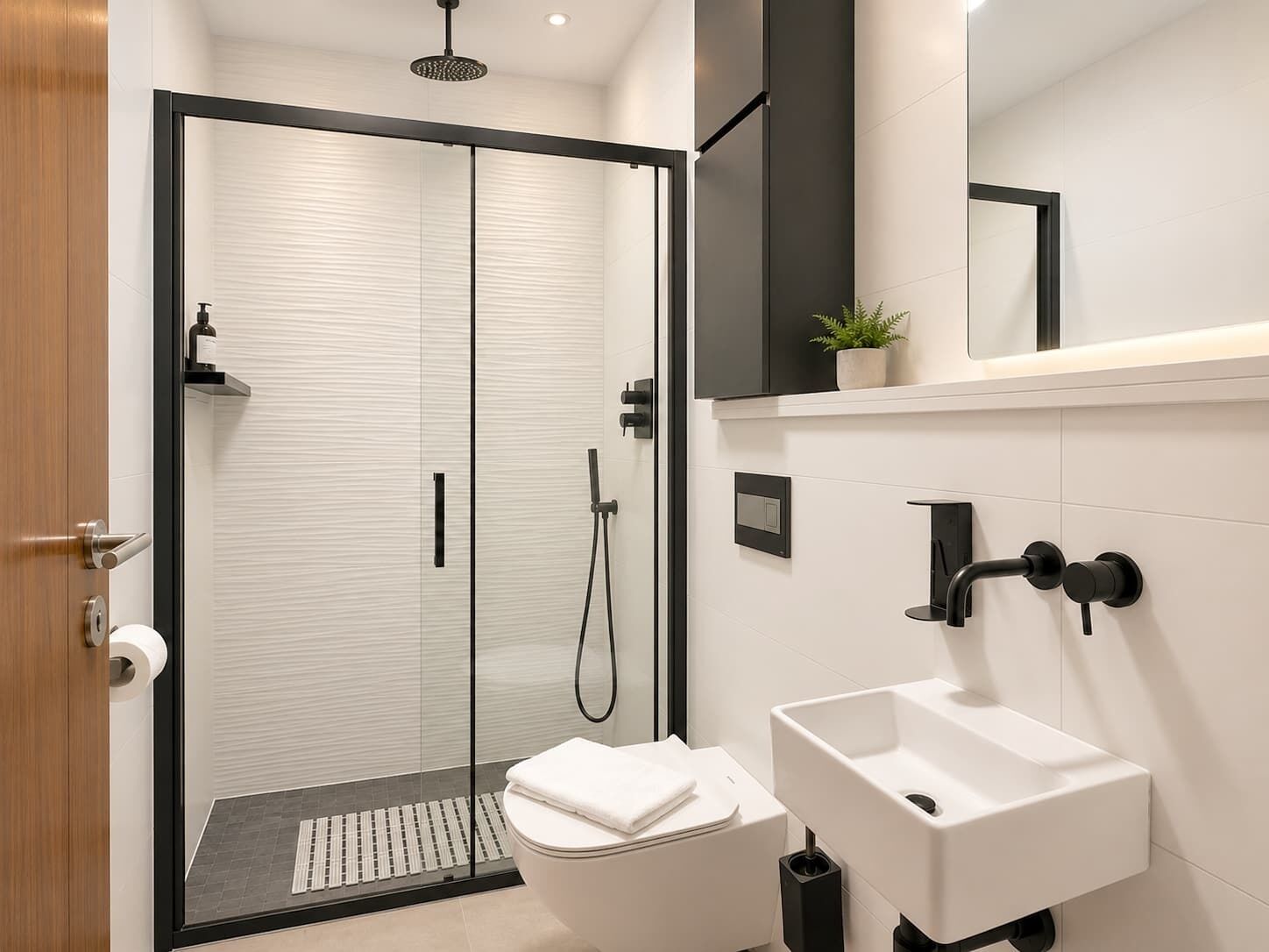 Shower, hair dryer, towels, shampoo