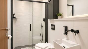 Shower, hair dryer, towels, shampoo