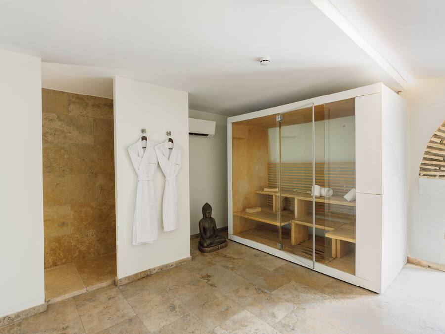 Un baño moderno con ducha de piedra, un vestidor amplio con puerta de cristal y una estatua.