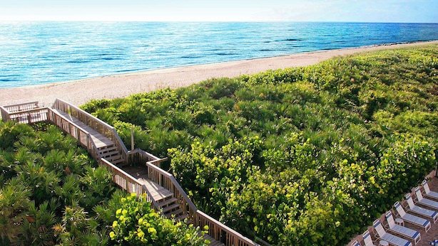 Een strand met een houten terras en ligbedden met uitzicht op de oceaan.