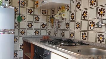 Kühlschrank, Ofen, Herdplatte, Kochgeschirr/Geschirr/Besteck