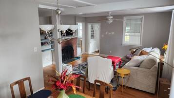 Smart TV, fireplace, books, computer monitors