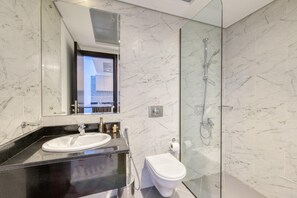 Shower, hair dryer, towels
