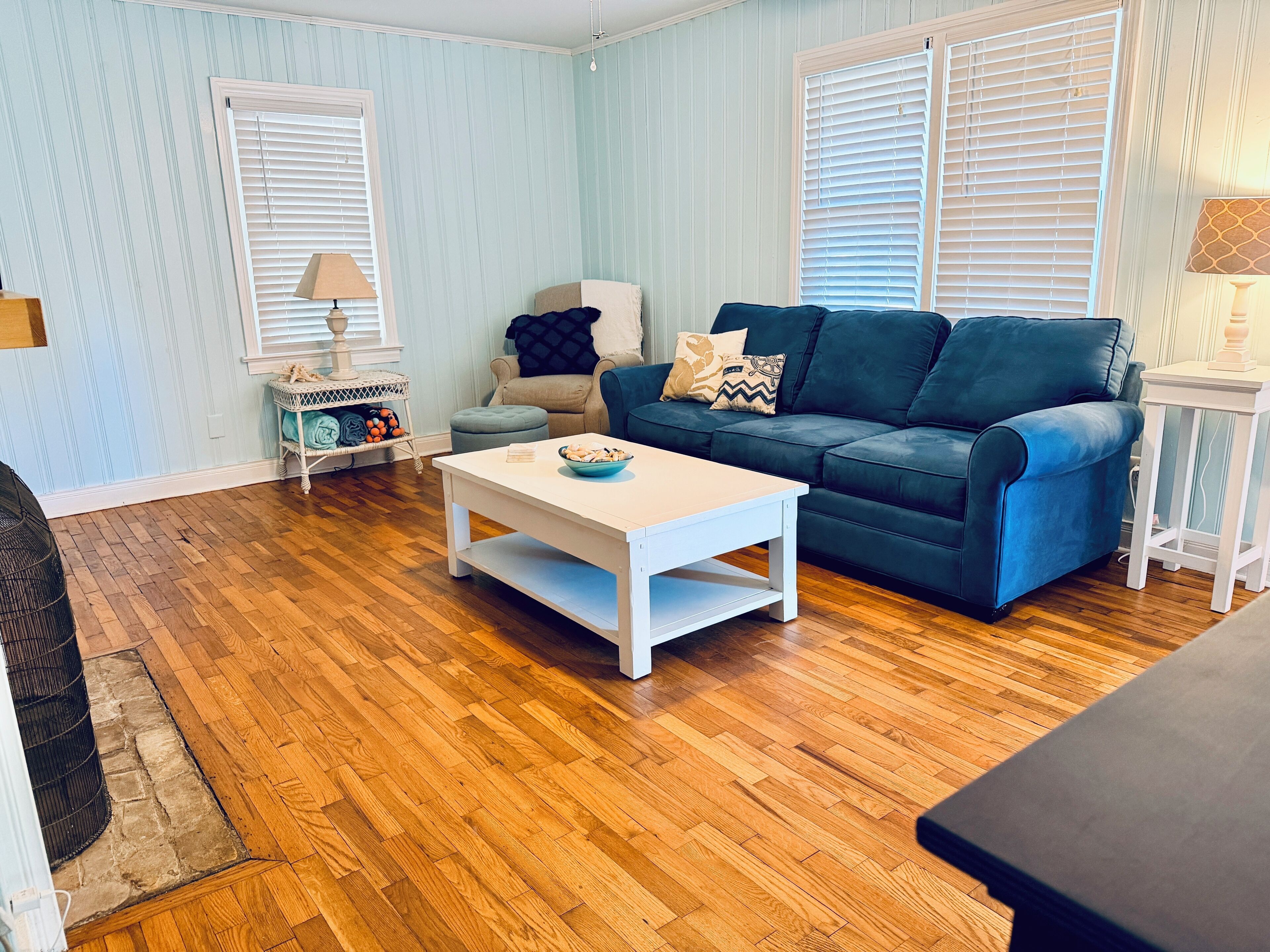 Smart TV, fireplace, books, stereo