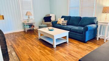 Smart TV, fireplace, books, stereo