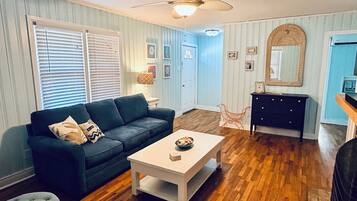 Smart TV, fireplace, books, stereo