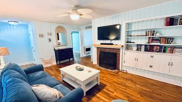 TV connectée, cheminée, livres, chaßne hi-fi