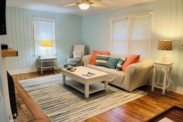 Smart TV, fireplace, books, stereo