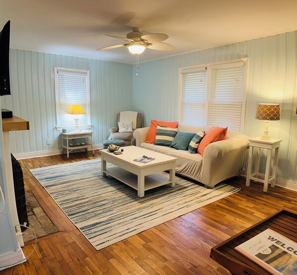 Smart-TV, Kamin, Bücher, Stereoanlage