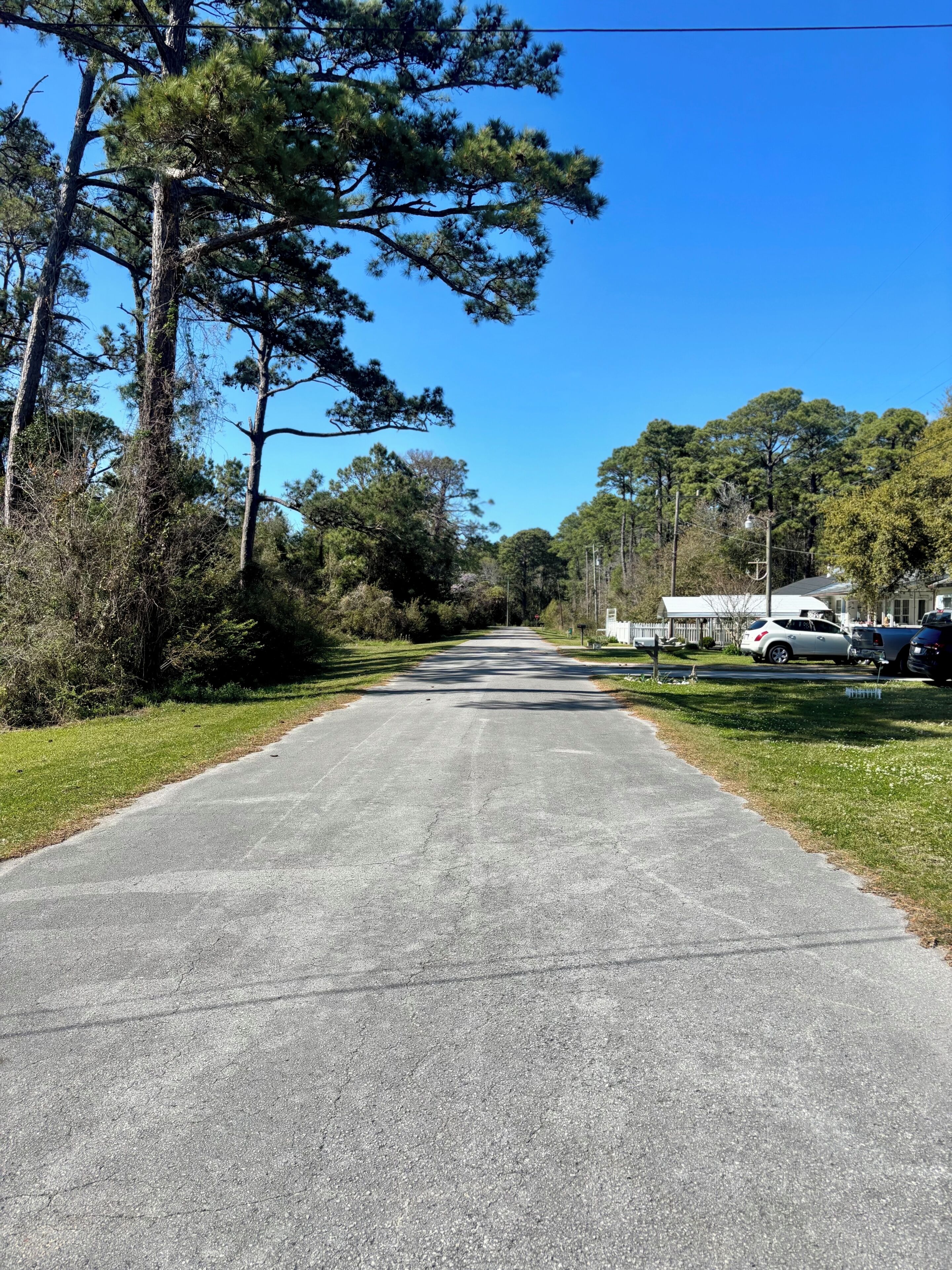 A paved road flanked by trees and grassy areas, leading to a residential area with houses and parked cars.