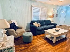 Smart TV, fireplace, books, stereo