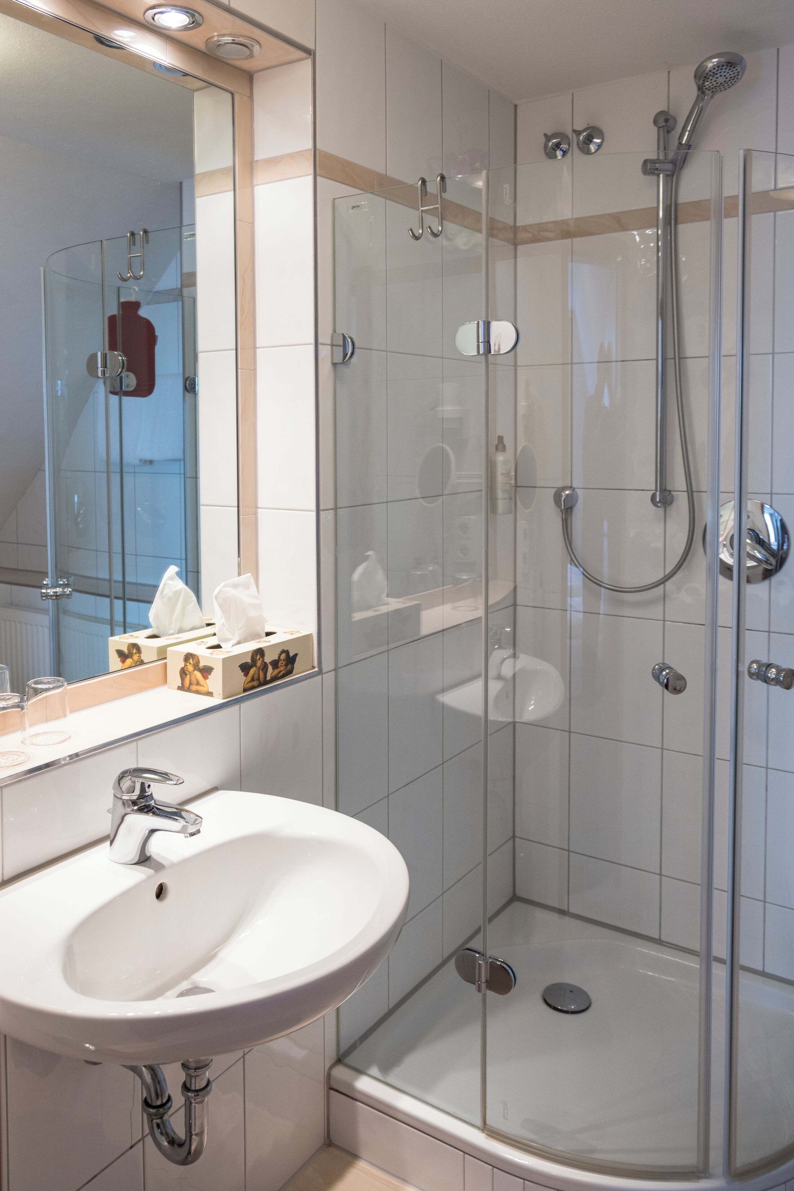 A modern bathroom with a glass-enclosed shower, a white sink, and a mirror above the sink.