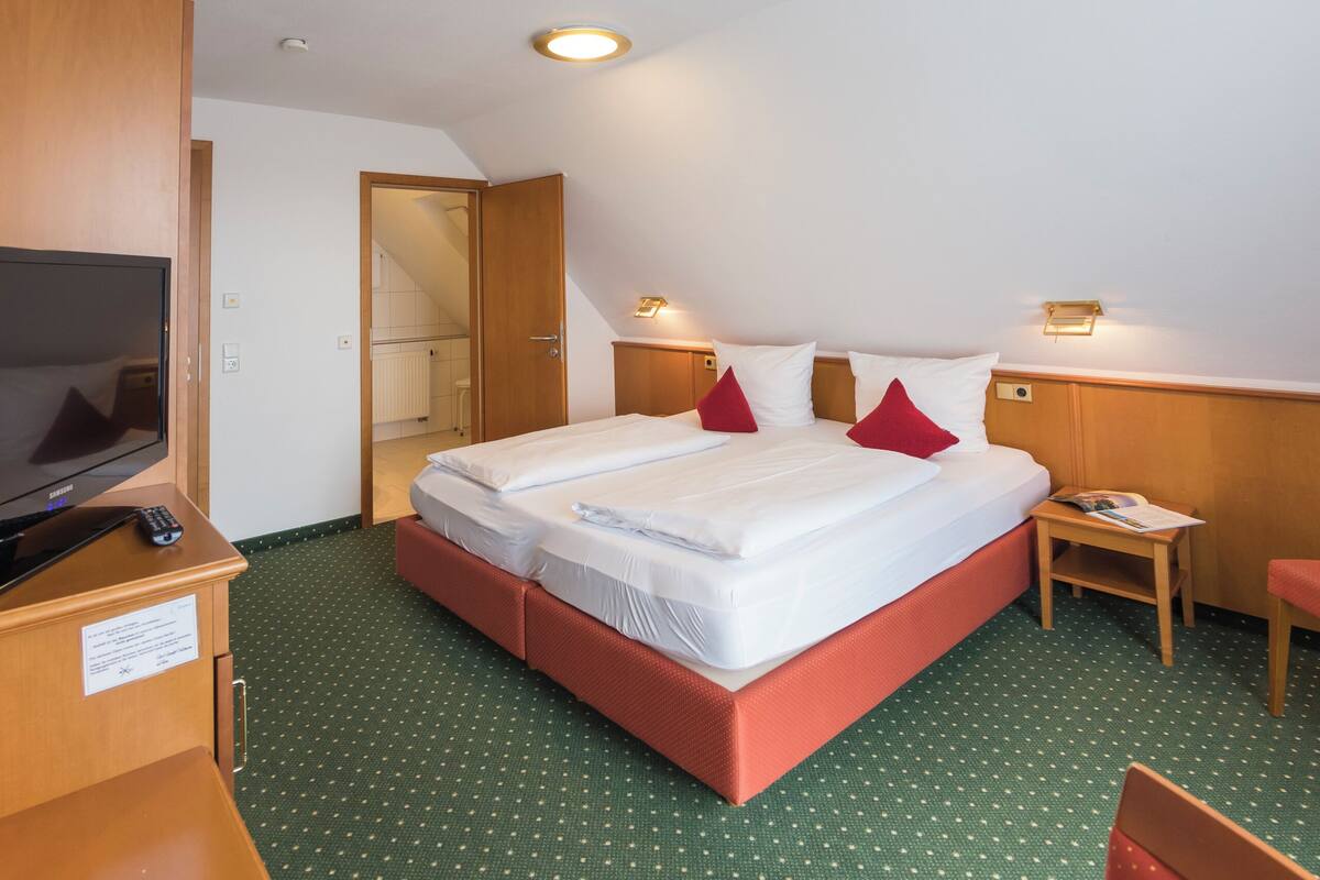 A hotel room with a large bed, a TV, a desk, and a chair.