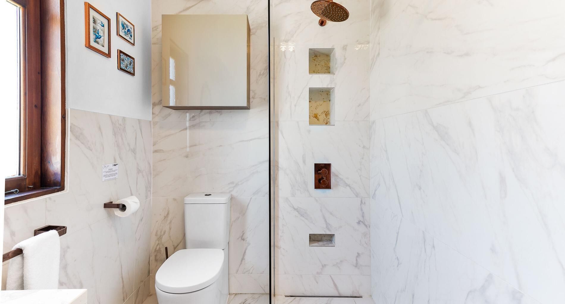 A bathroom with a toilet, a shower, and marble walls.