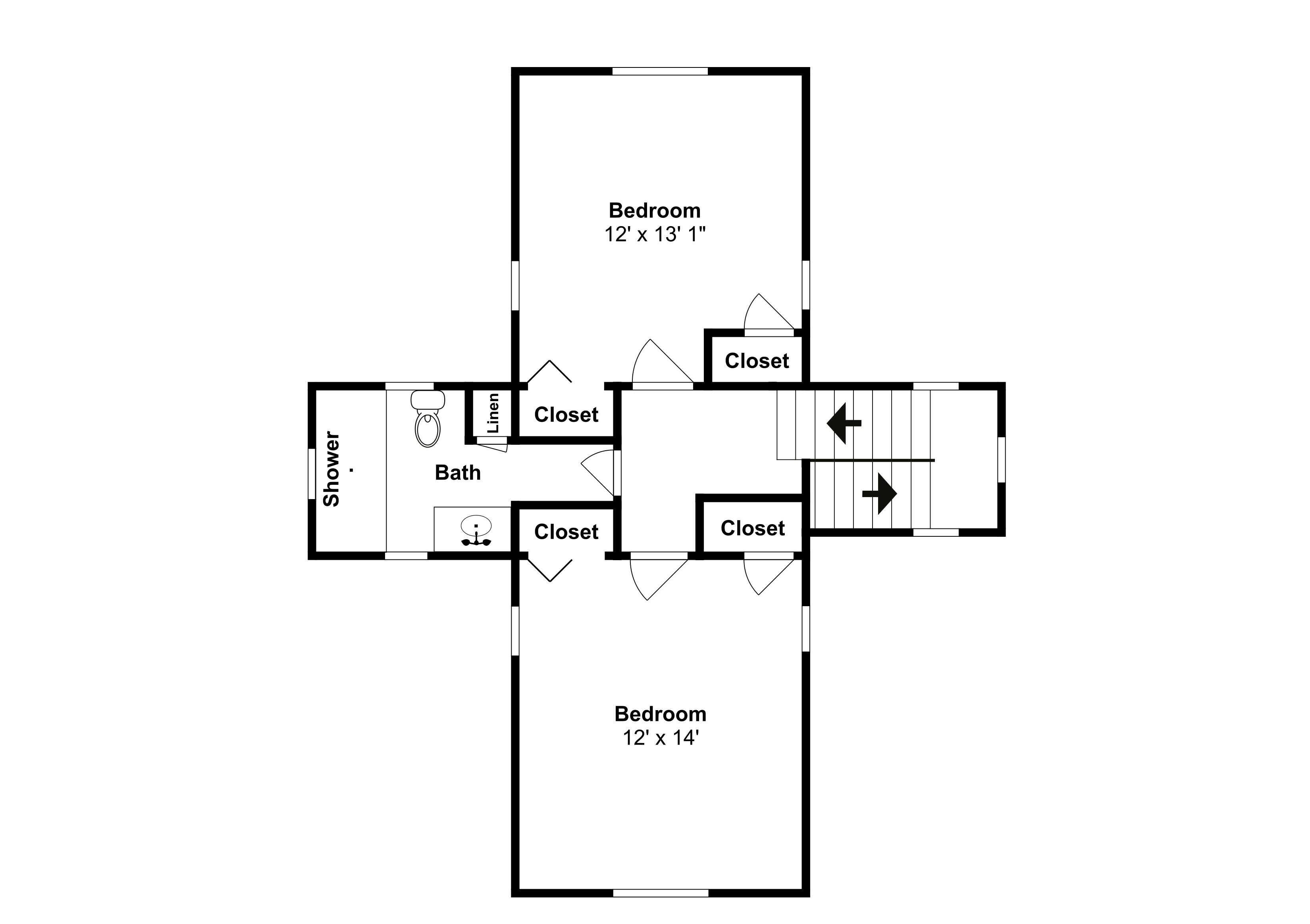 A floor plan with two bedrooms, a bathroom, and two closets.