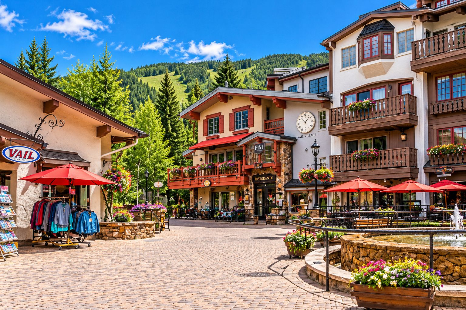 A cobblestone square with outdoor seating, a fountain, and buildings with balconies and signage for a restaurant and a store.
