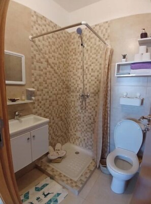 A bathroom with a shower, toilet, and sink. - Appartement de Charme (Marrakech)