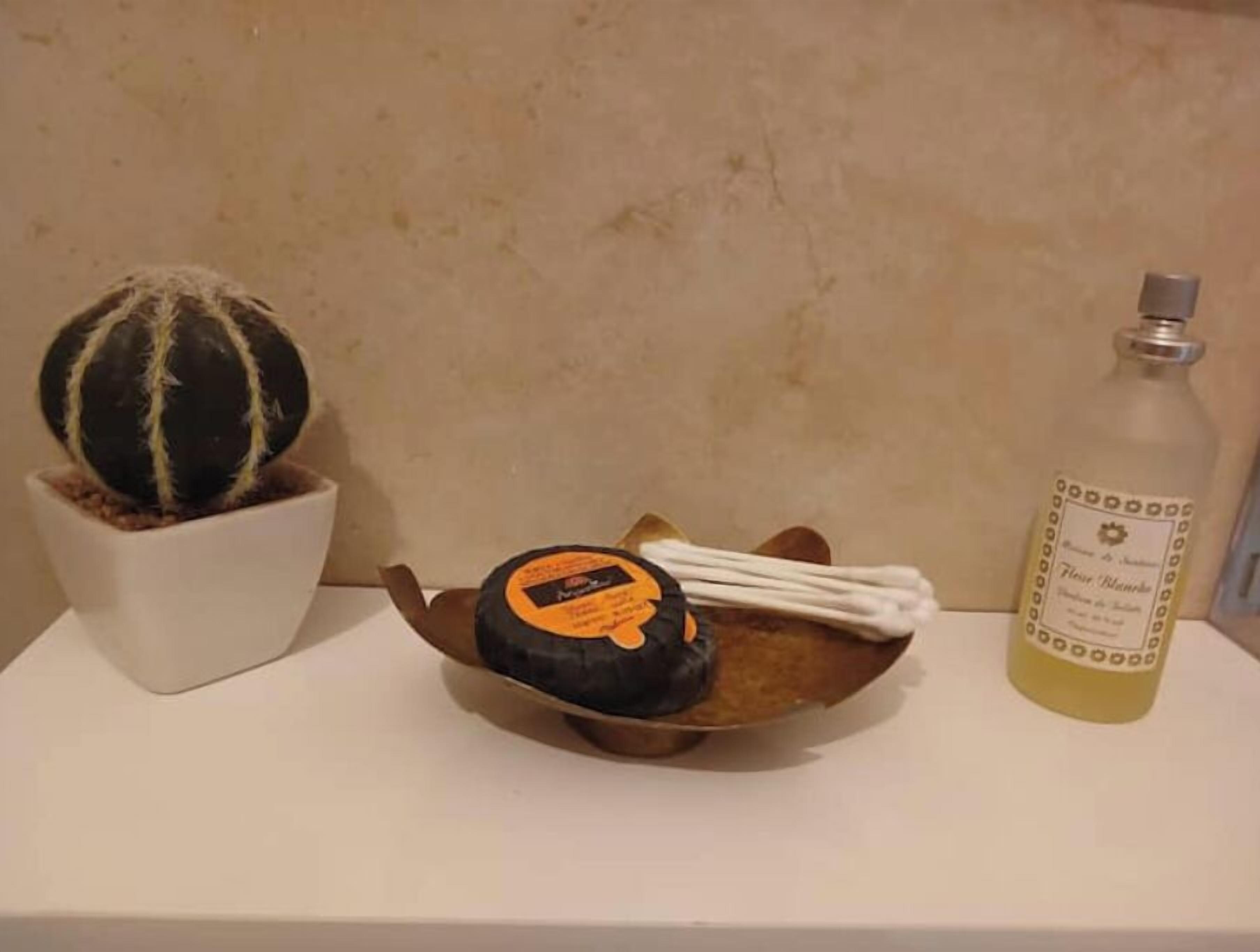 Un petit cactus dans un pot blanc, un objet rond avec une étiquette orange, et une bouteille avec une étiquette posée sur une surface blanche.